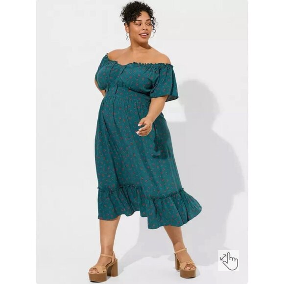 Torrid Dresses & Skirts - Torrid Size 4 Tea Length Challis Off-Shoulder Dress Blue-Green Florals